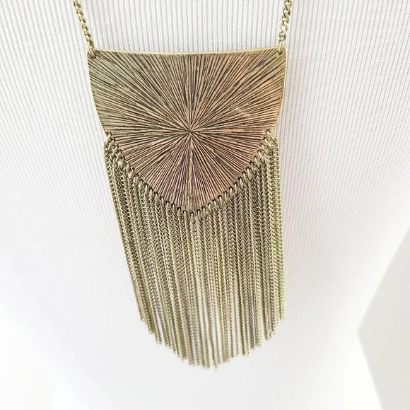 Boho Aztec Fringe Crystal Brass Layer Necklace - Picture 3 of 4